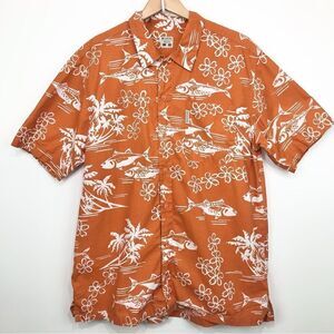 Columbia Orange Tropical Fish Cotton Button Down Short Sleeve Shirt